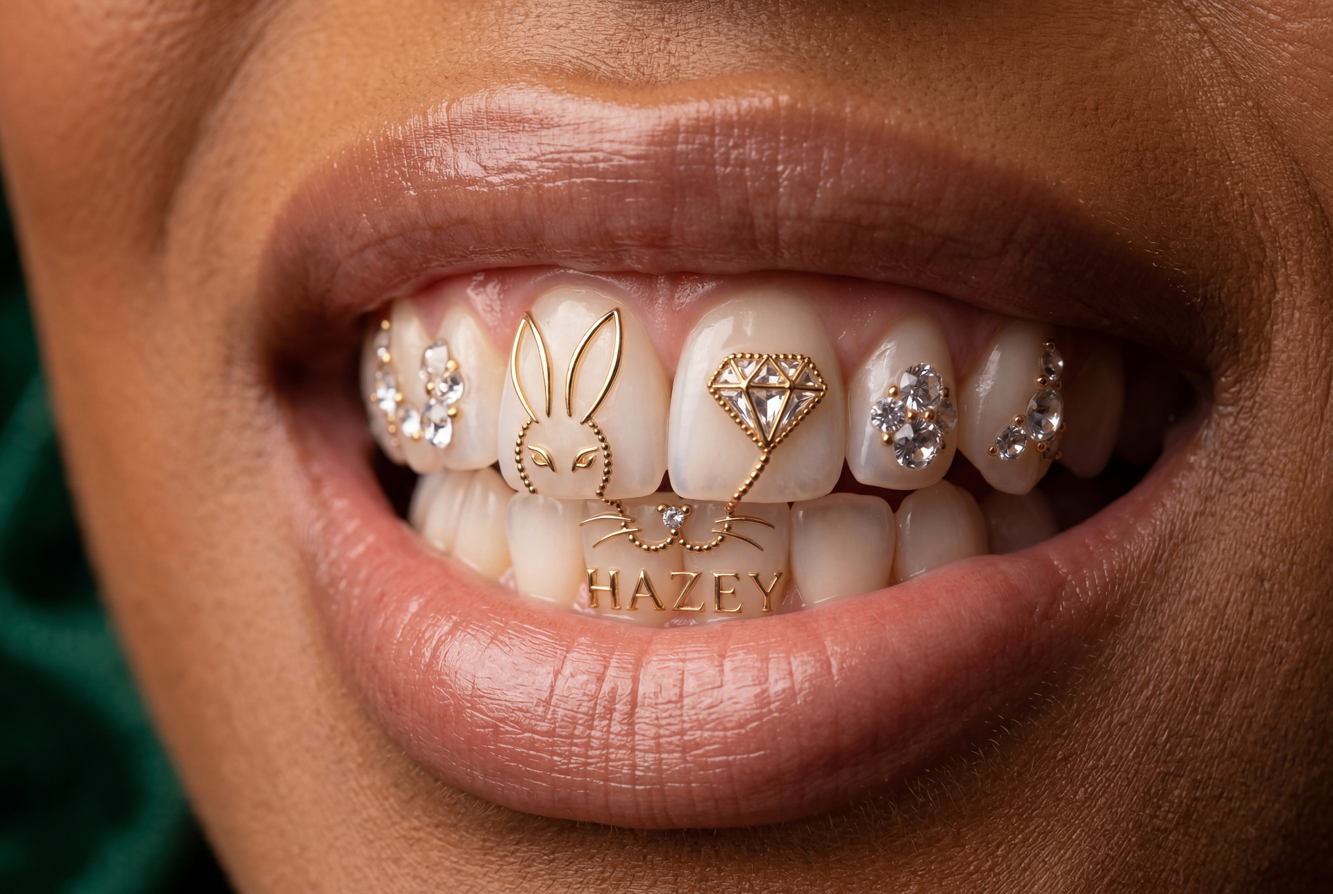 HAZEY Signature Look — Statement Tooth Gems mit Bunny, Diamant und Kristallen